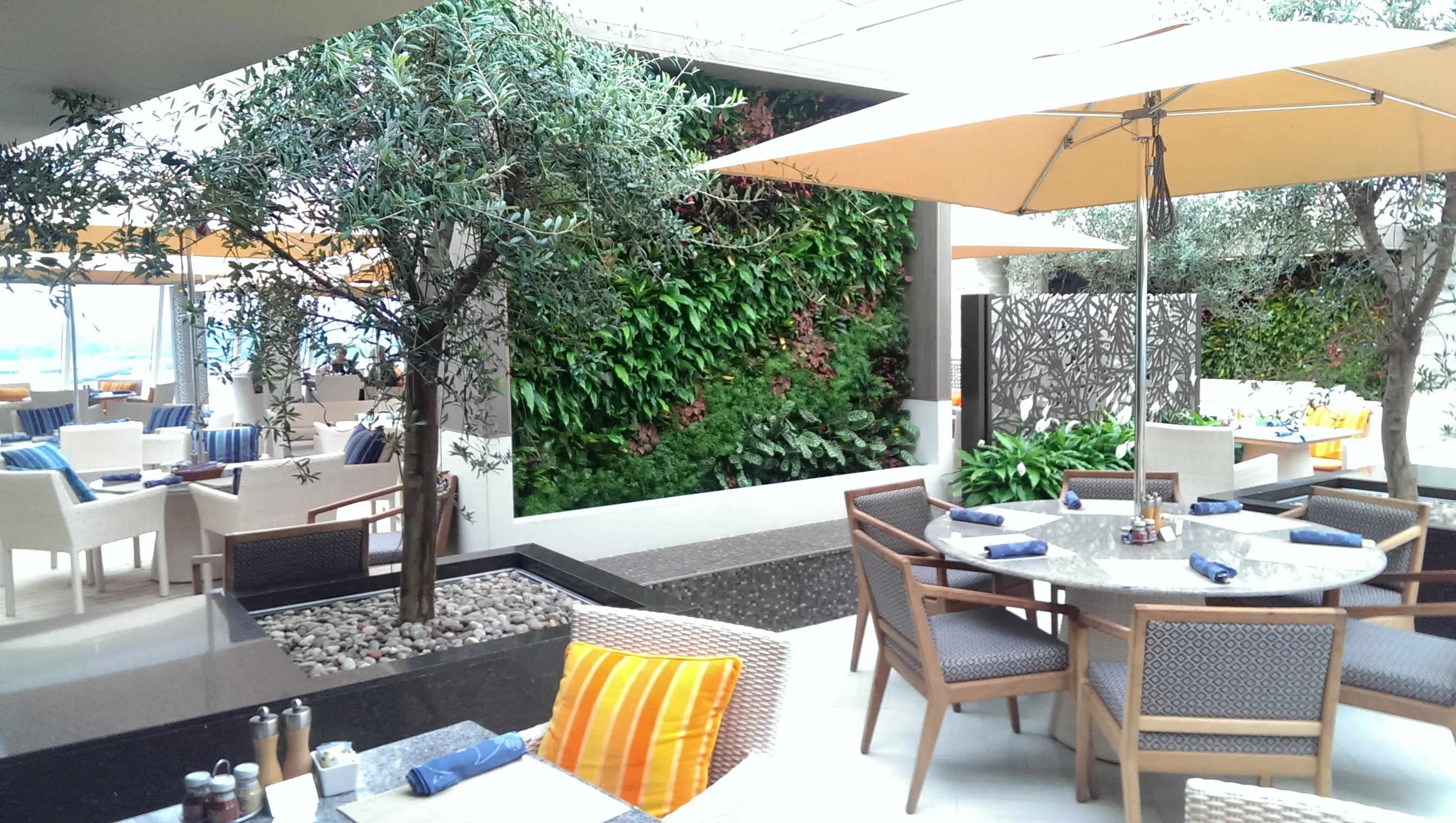 Modern restaurant patio with green wall, umbrellas, and dining tables