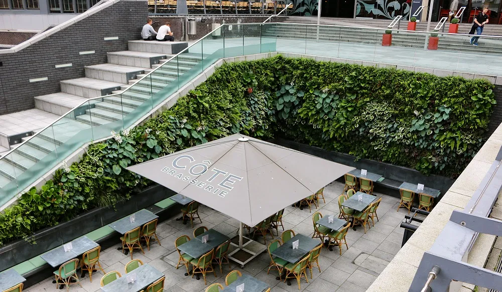 Cote Brasserie outdoor dining area with lush green wall and glass staircase