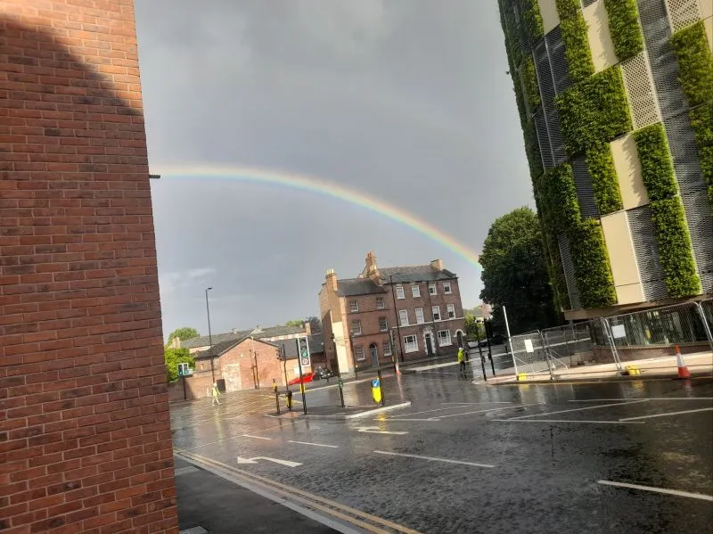 Rainbow arches over wet city street with brick buildings and green wall