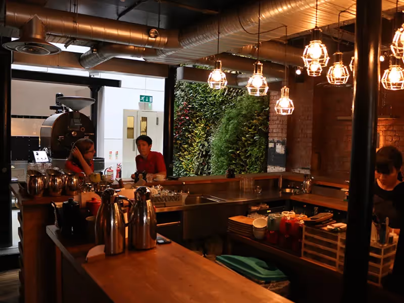 Modern coffee shop interior with hanging lights and green living wall