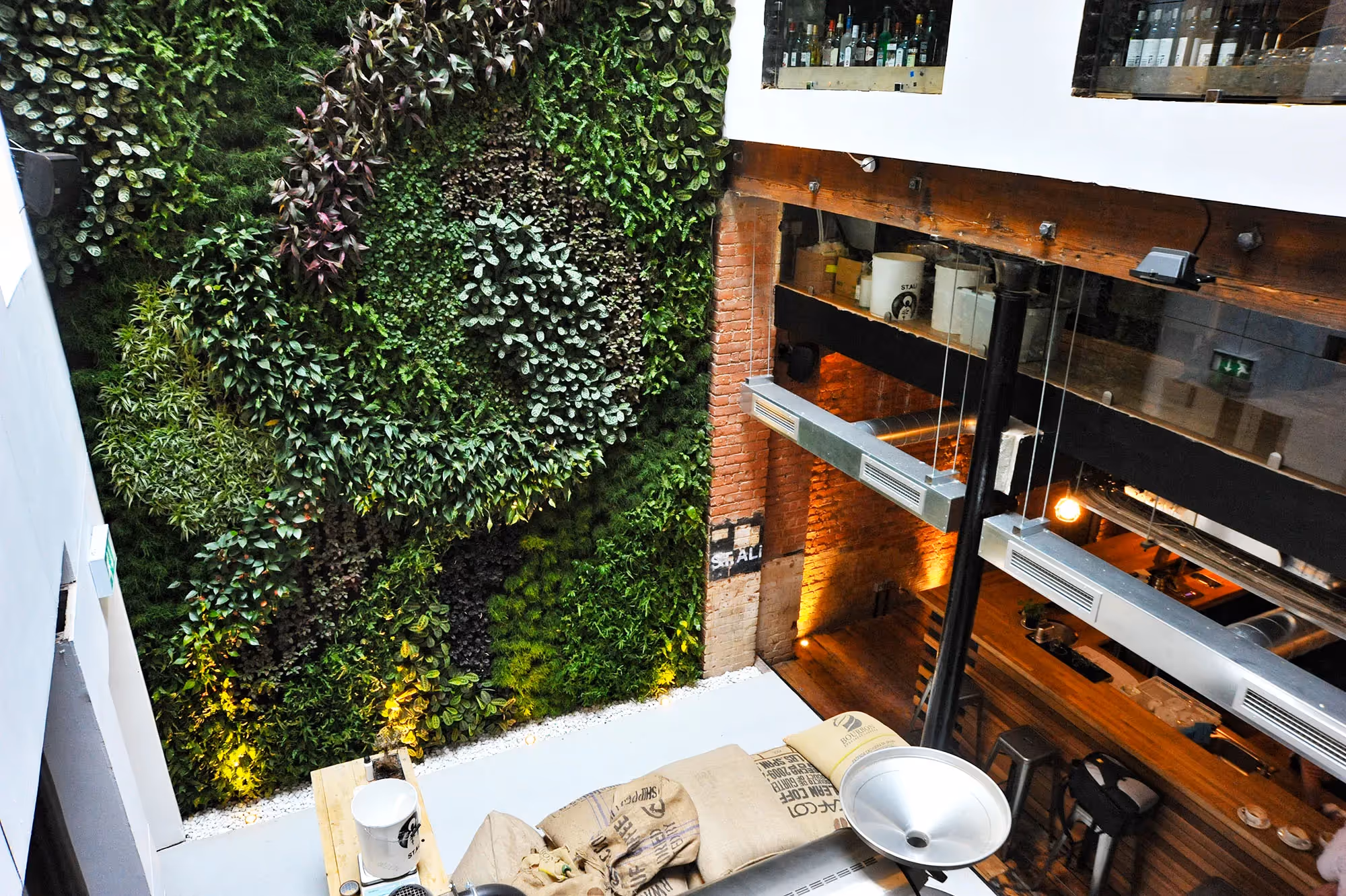 Vertical garden wall next to rustic kitchen with warm lighting