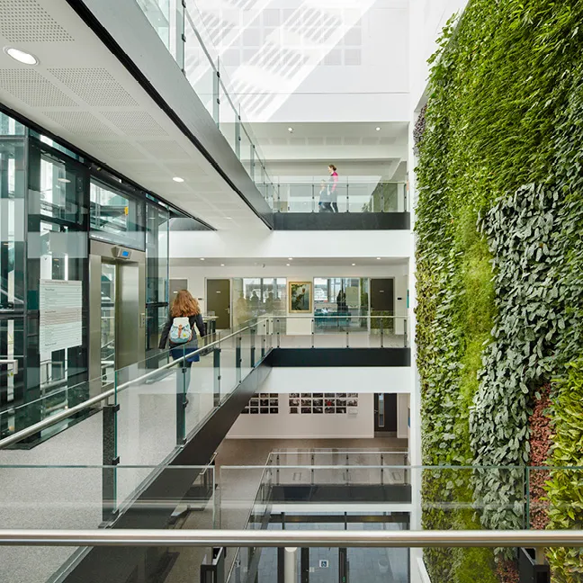 Modern building interior with glass walkways, green wall, and multiple levels