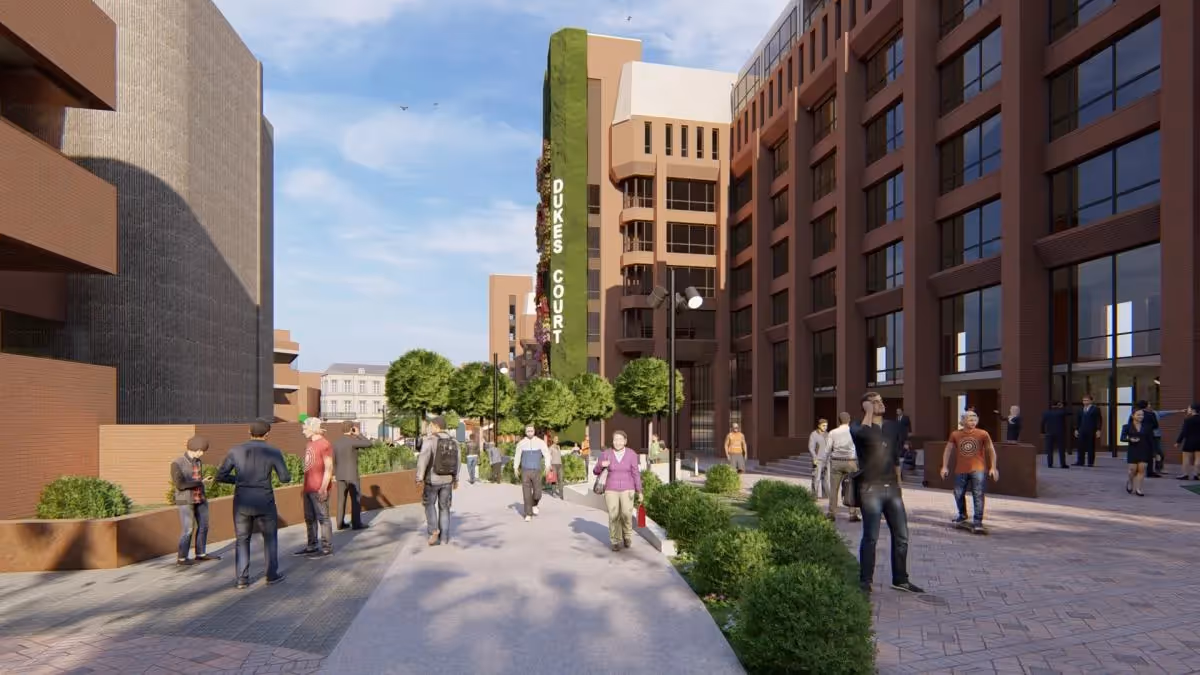 Urban pedestrian plaza with modern buildings and green landscaping