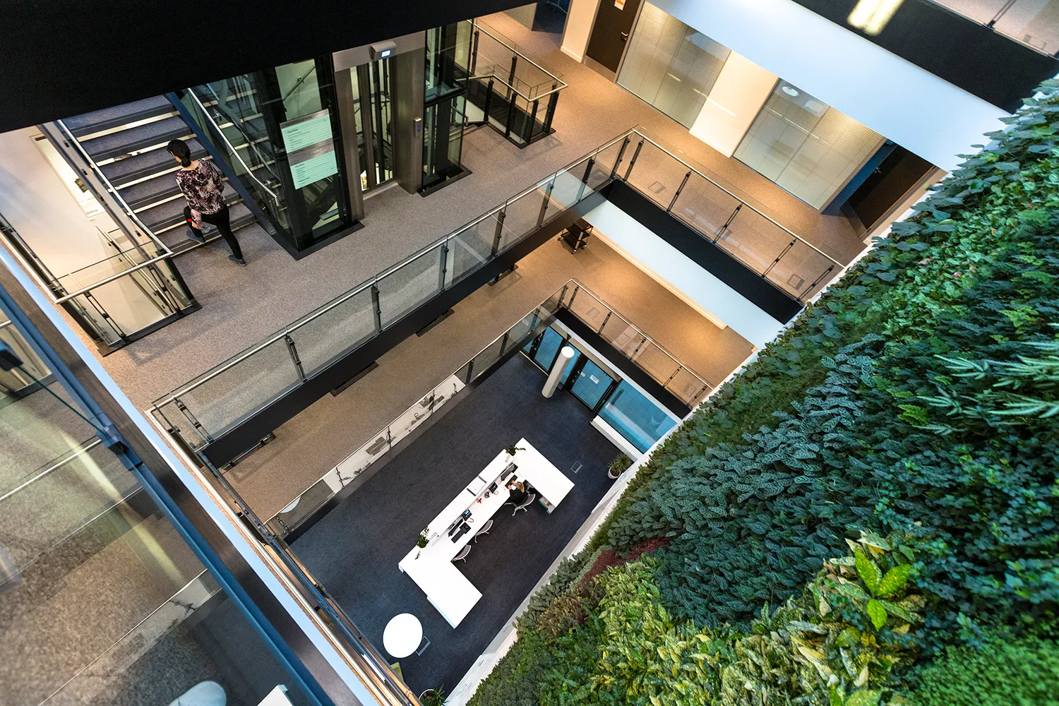 Modern multi-level office interior with glass railings and green plant wall