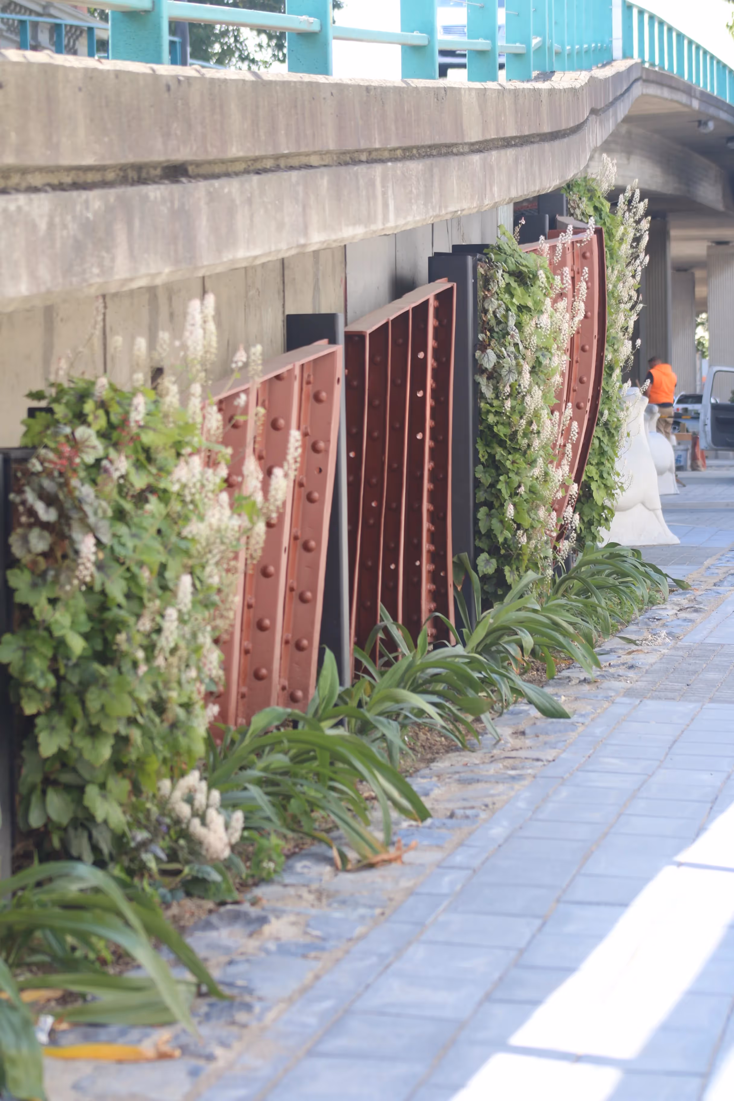 Overgrown plants along rusty metal panels beneath a concrete bridge or walkway