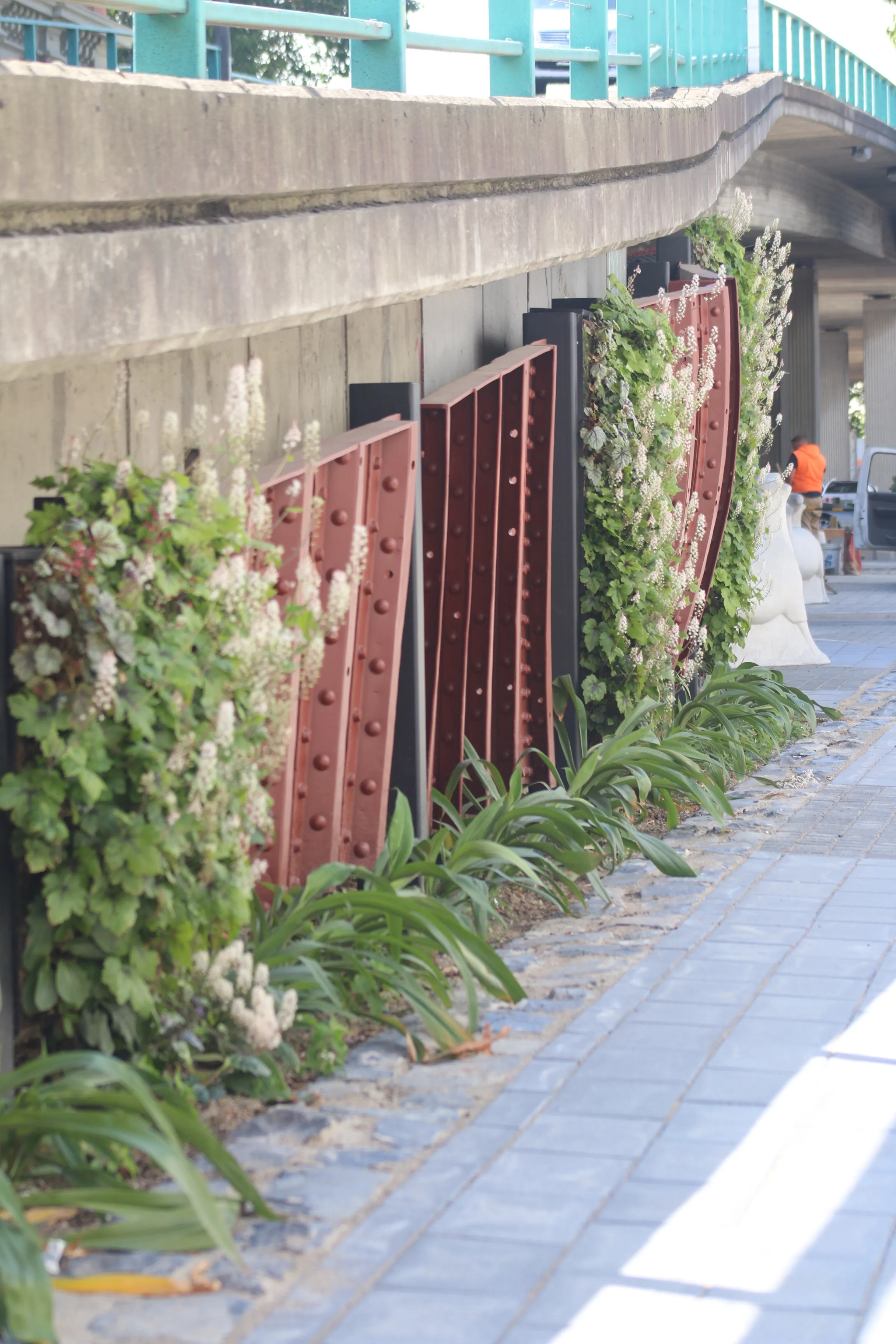 Overgrown plants along rusty metal panels beneath a concrete bridge or walkway