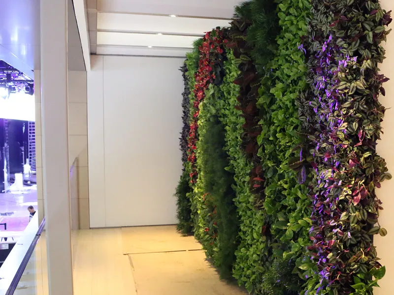 Vertical garden wall with green, red, and purple leafy plants