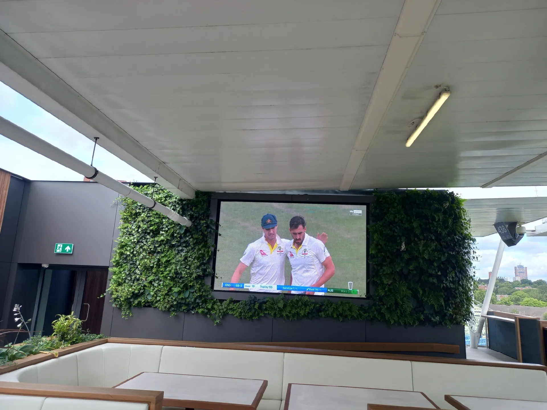Cricket players on large screen surrounded by green living wall