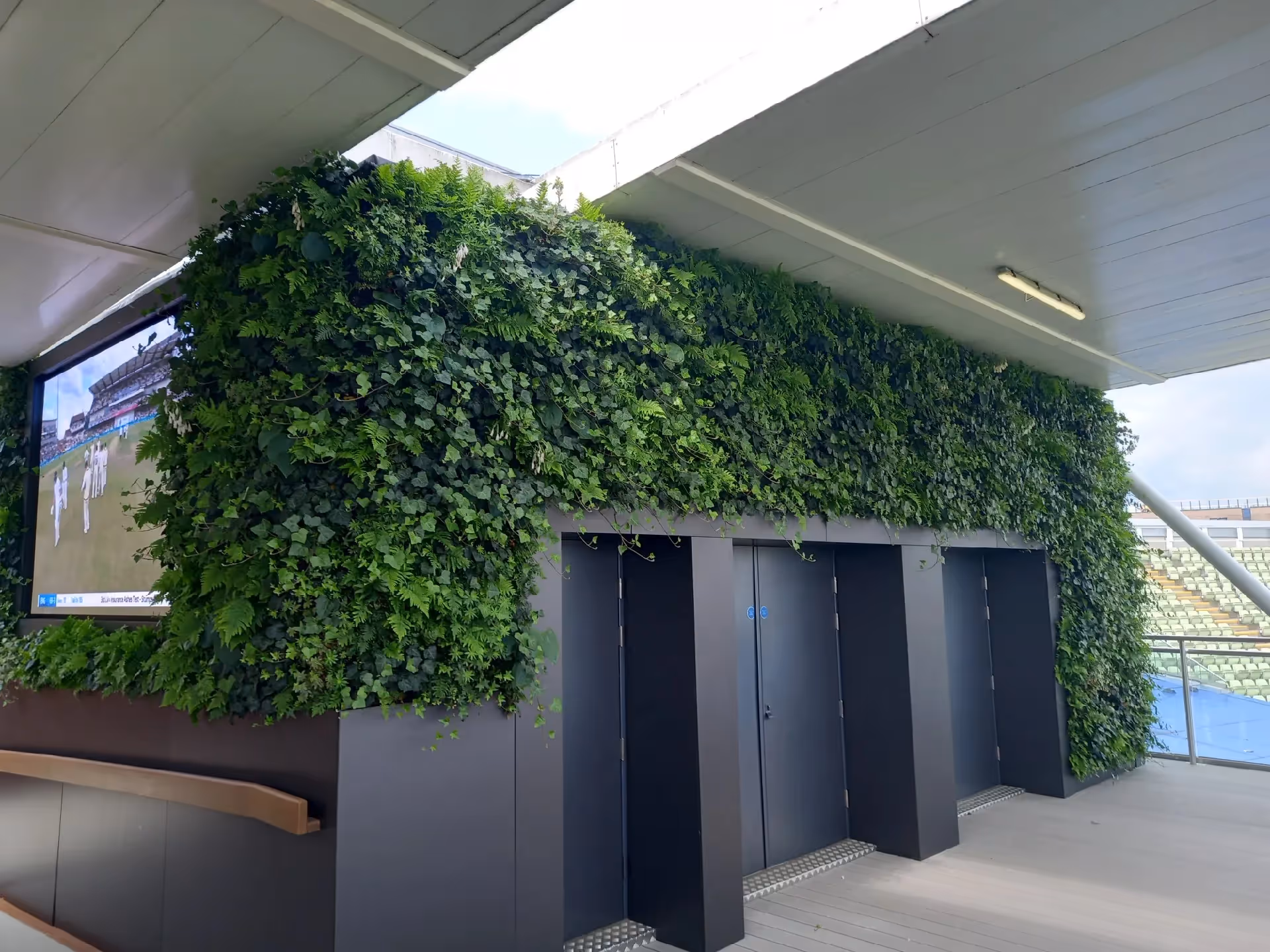 Green living wall surrounding dark doors in modern architectural space