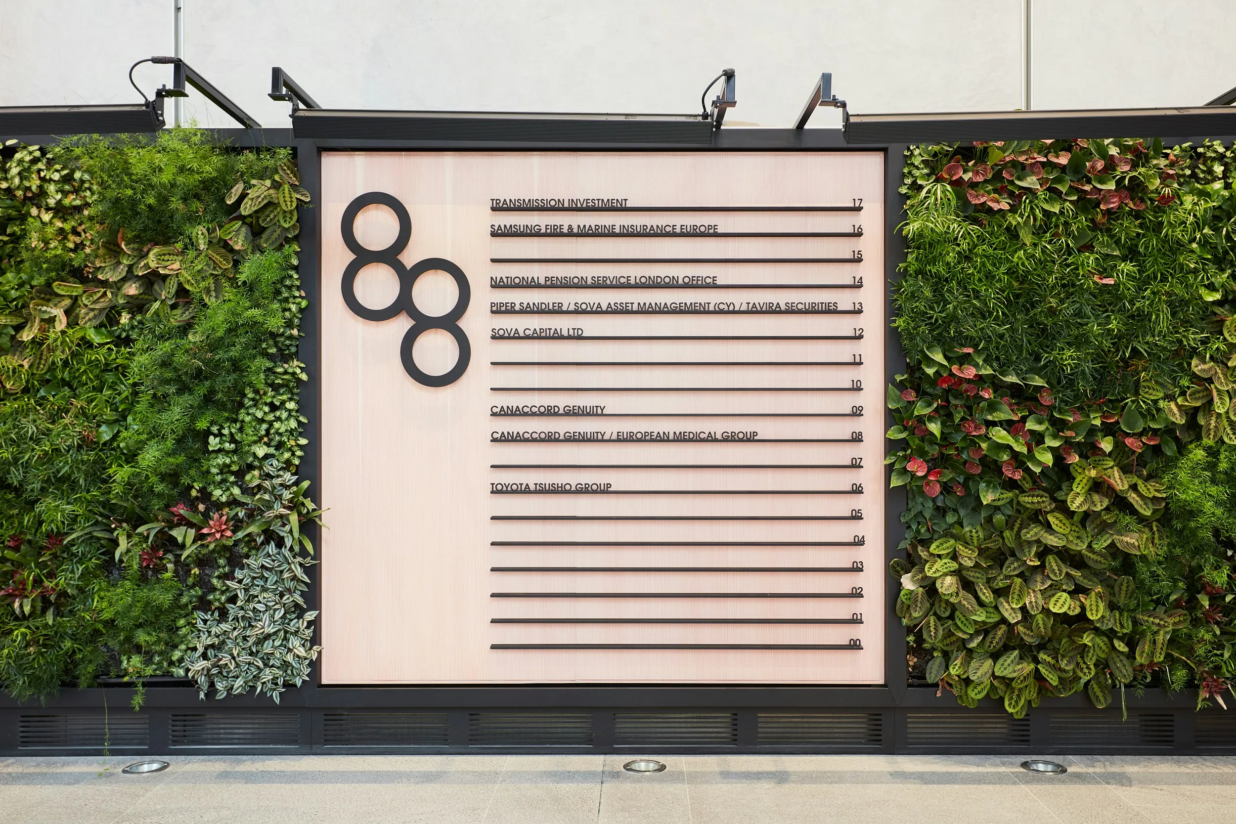 Living wall with corporate leaderboard displaying numbered companies