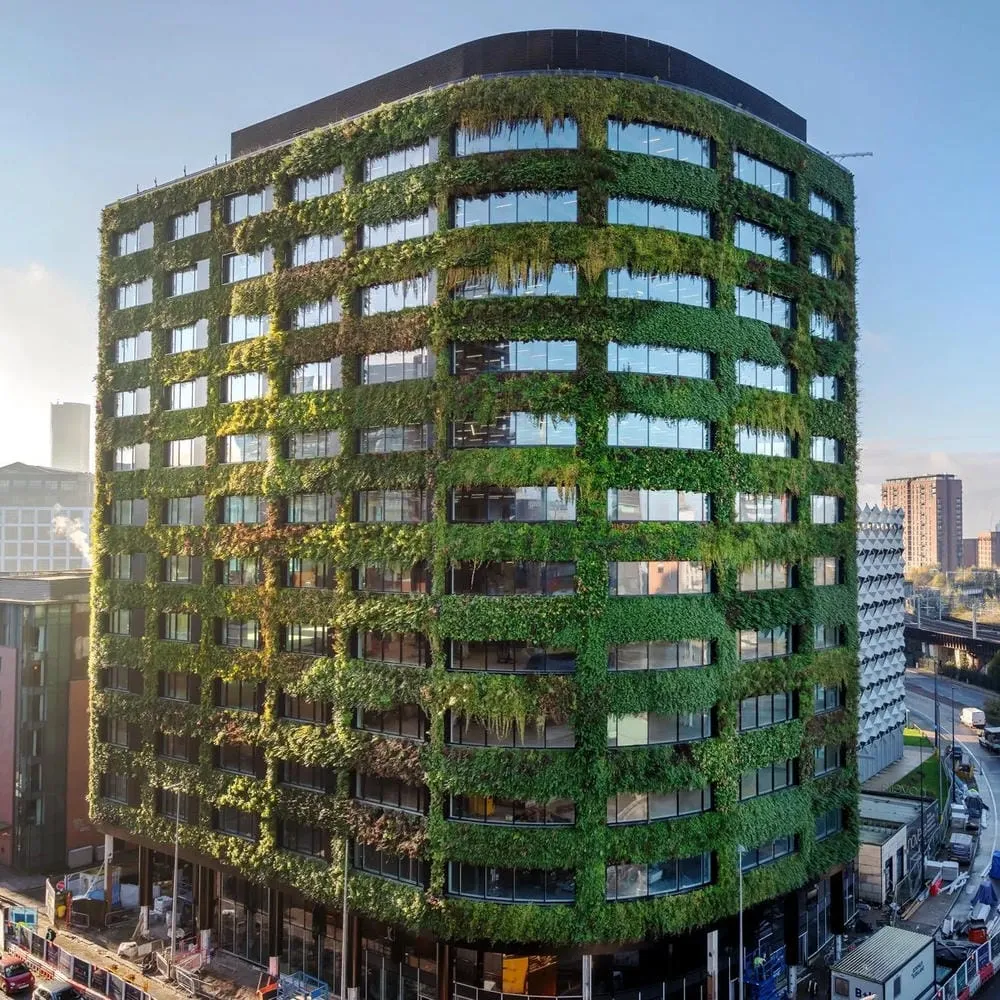 Eden at New Bailey: Europe's largest living wall. Viritopia designed, supplied & installed this 3,900sqm green façade, boosting biodiversity & sustainability.