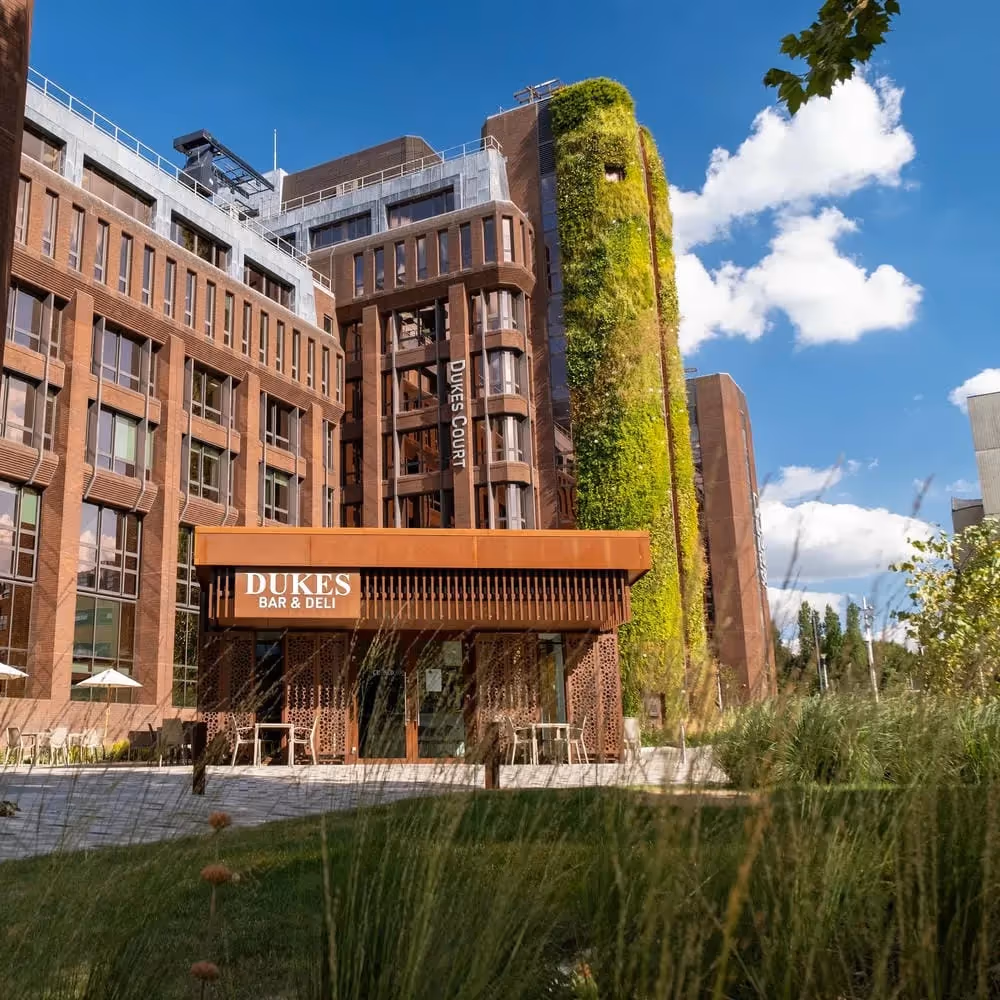 Dukes Court exterior with a full-height living wall 