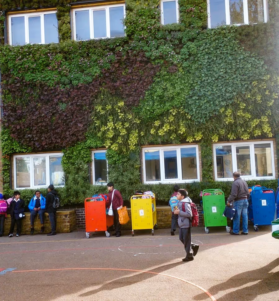 Living wall with colorful bins at school, students waiting nearby