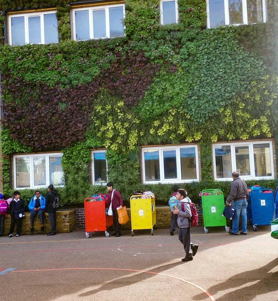 Living wall with colorful bins at school, students waiting nearby