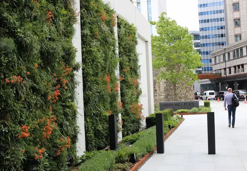 London Wall Place, showing the exterior living wall on the side of the building 