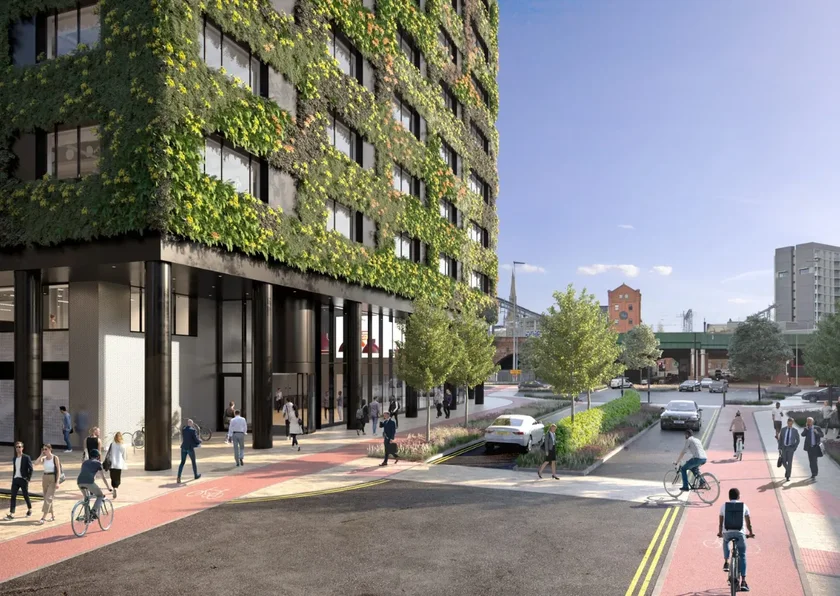 3D render of office building covered in a living wall. Situated on a street in a city landscape. 