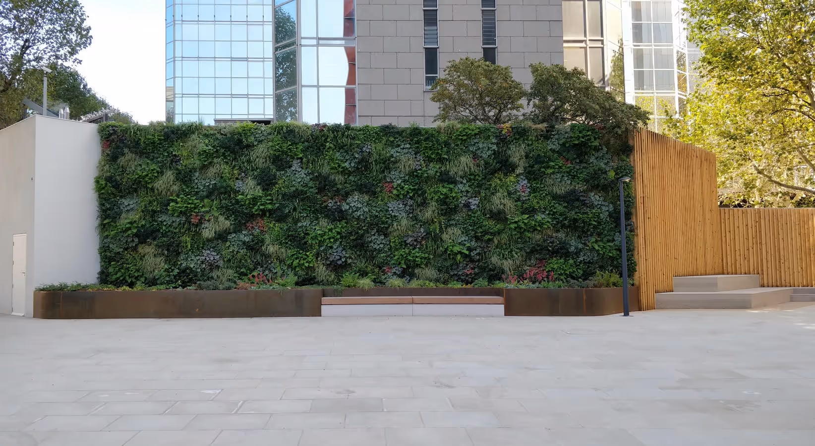 Living wall and seating outdoor design on Hammersmith Road, London