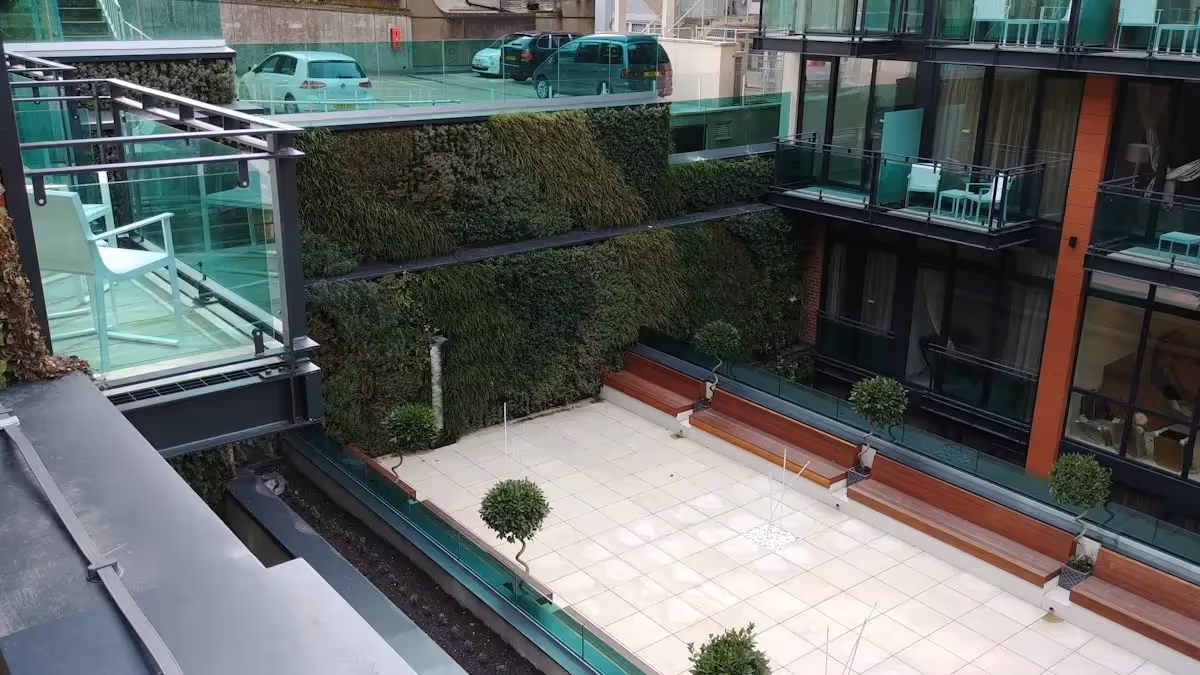 The living wall stands nearly six floors high, benefiting many of the residents with its biophilic properties.