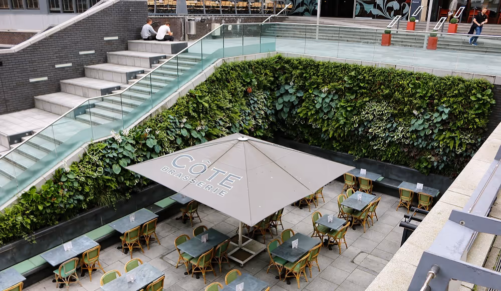 Côte Restaurant outdoor dining area, with an exterior living wall surrounding the space