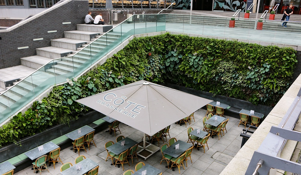 Côte Restaurant outdoor dining area, with an exterior living wall surrounding the space