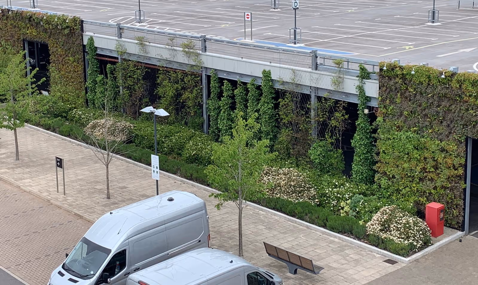 M&S Cheshire Oaks car park exterior, with a living walls