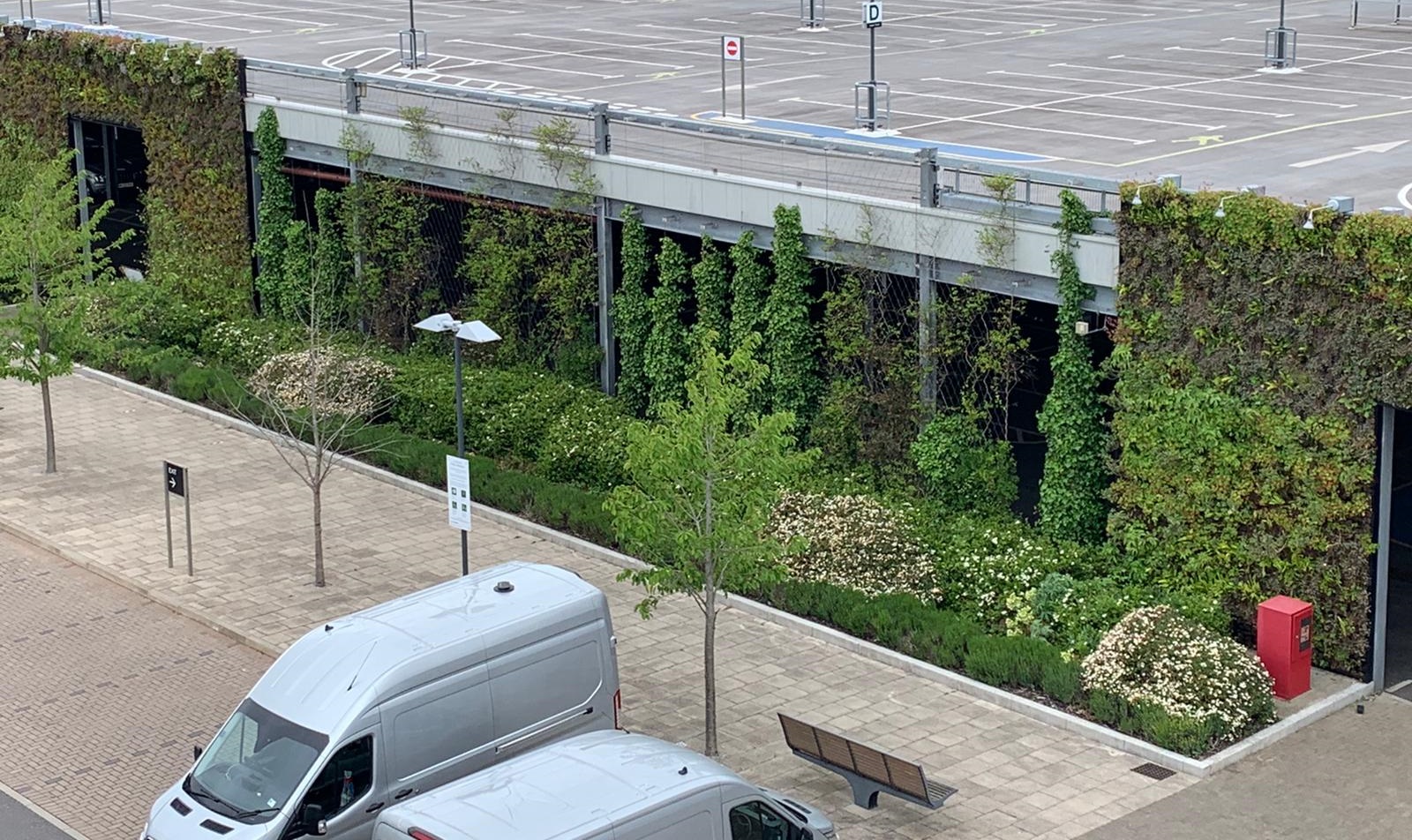 M&S Cheshire Oaks car park exterior, with a living walls