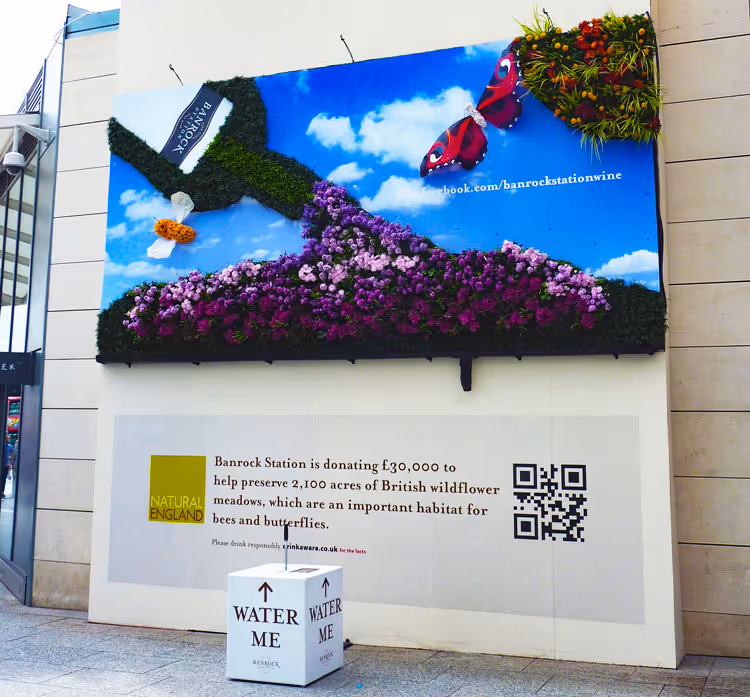 Living wall with butterflies and purple flowers promoting wildflower meadow conservation