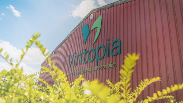 THe outside of Cavegates Nurseries with the Viritopia living wall logo on the front of the building