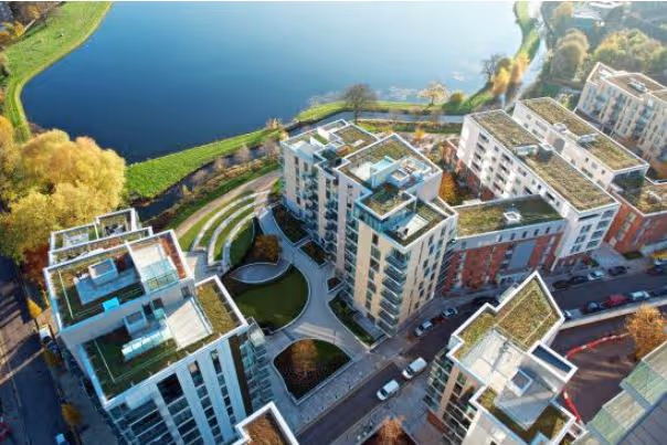 buildings near water with green rooftops and curved landscape design