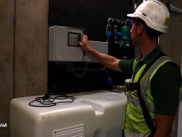 An technician operating a living wall irrigation system