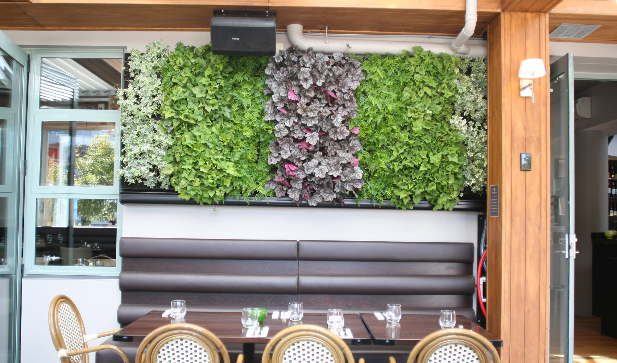 Living wall behind seating inside Fiddlesticks Restaurant