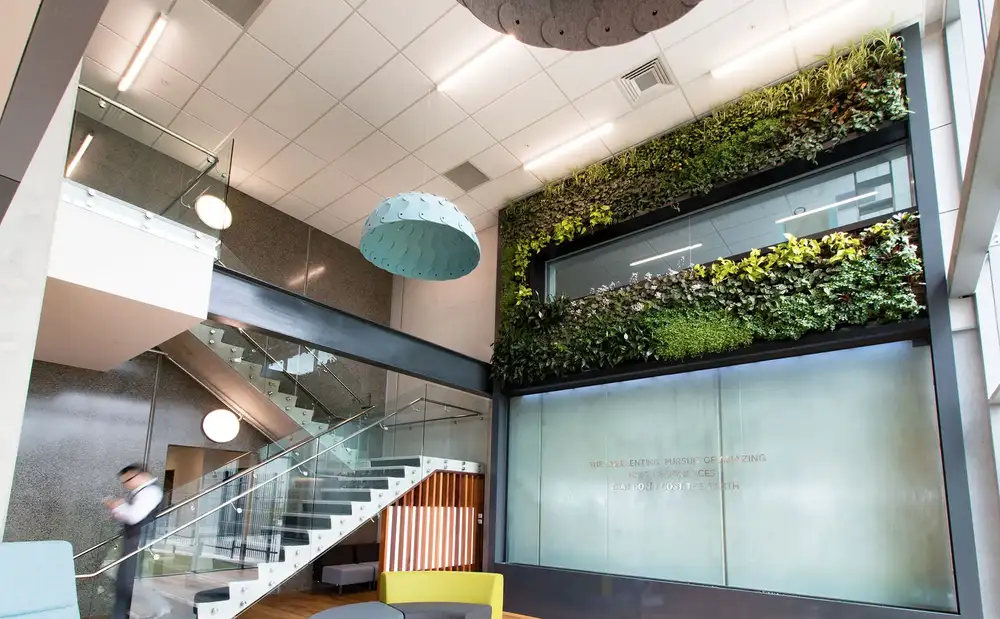 Inside of Methven office, with an interior living wall and waterfall feature
