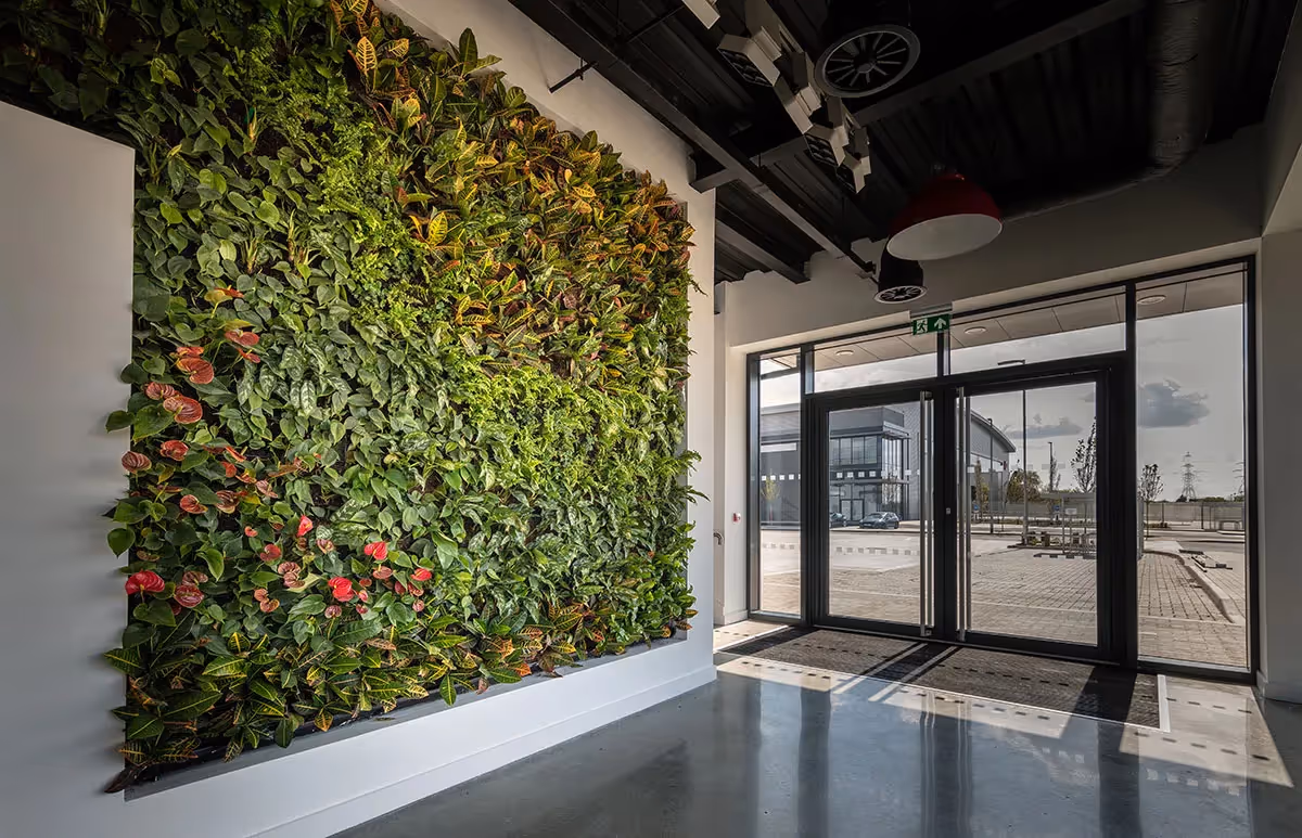 Inside SEGRO park, with a living wall in the entrance