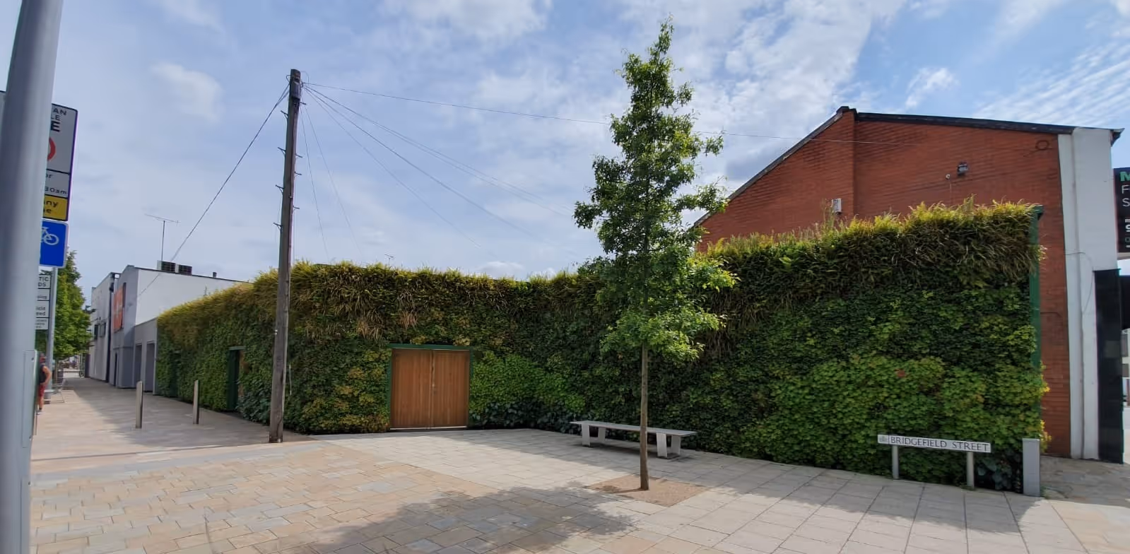 Building in Stockport town centre, entirely covered in a living wall