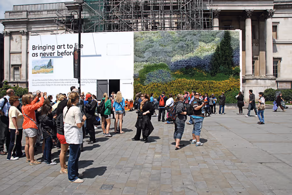 Exterior of The National Portrait Gallery, where there is a living wall in the design of a Van Gough painting