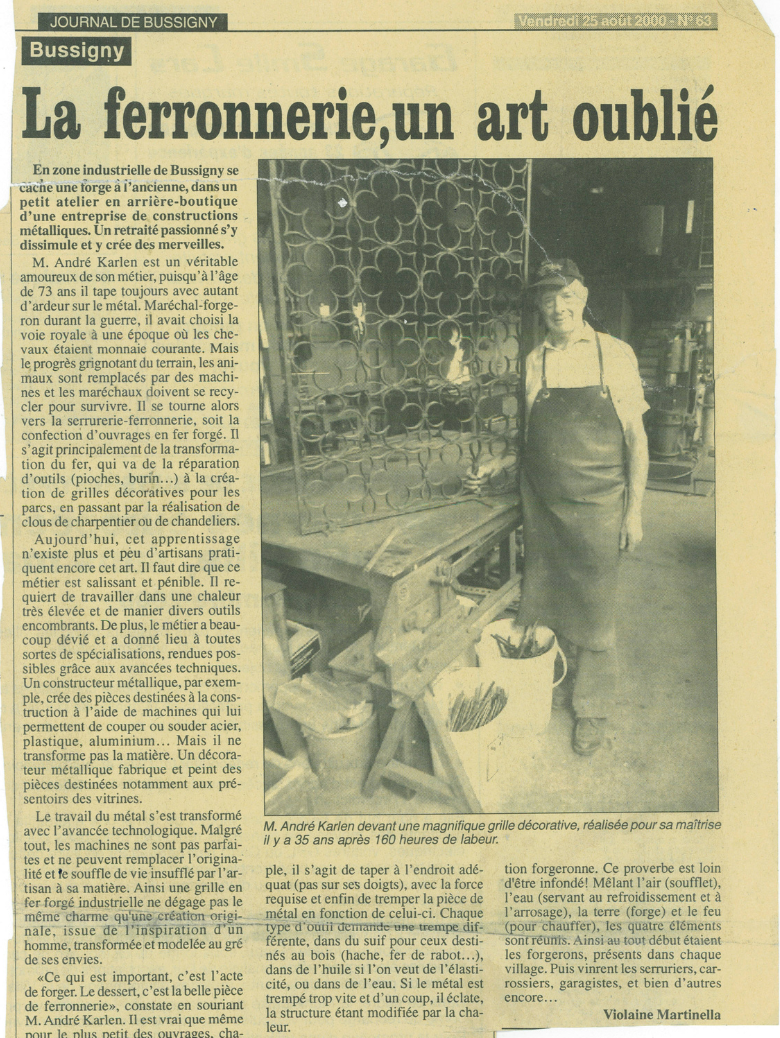Black-and-white newspaper clipping titled 'La ferronnerie, un art oublié' featuring an elderly man wearing an apron standing next to a decorative wrought iron gate in a workshop.
