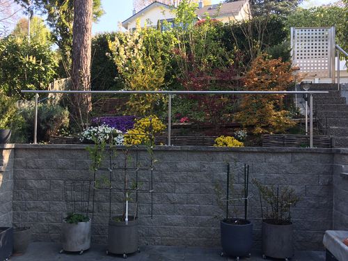 Outdoor garden terrace with potted plants on a stone patio in front of a stone retaining wall, stainless steel railing, and flower beds with various colorful plants.