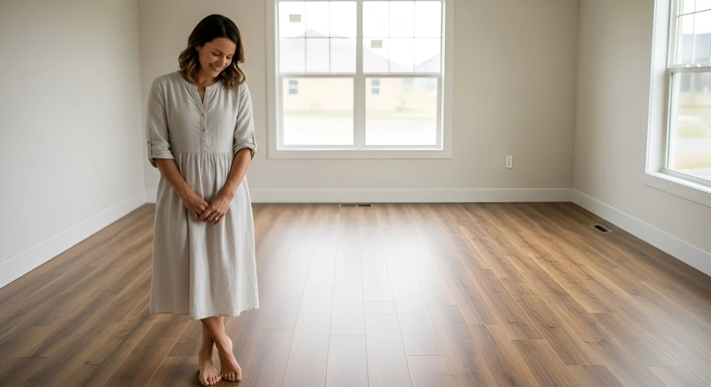 A photo of a woman looking at a bill she has received. She is smiling as the price of the flooring she just purchased from Vast American Home Goods was not expensive but rather very reasonably priced.