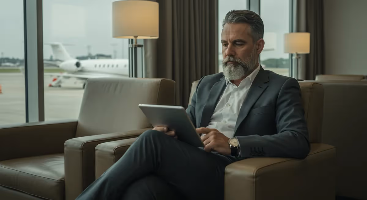 Executivo maduro usa tablet em sala vip de aeroporto