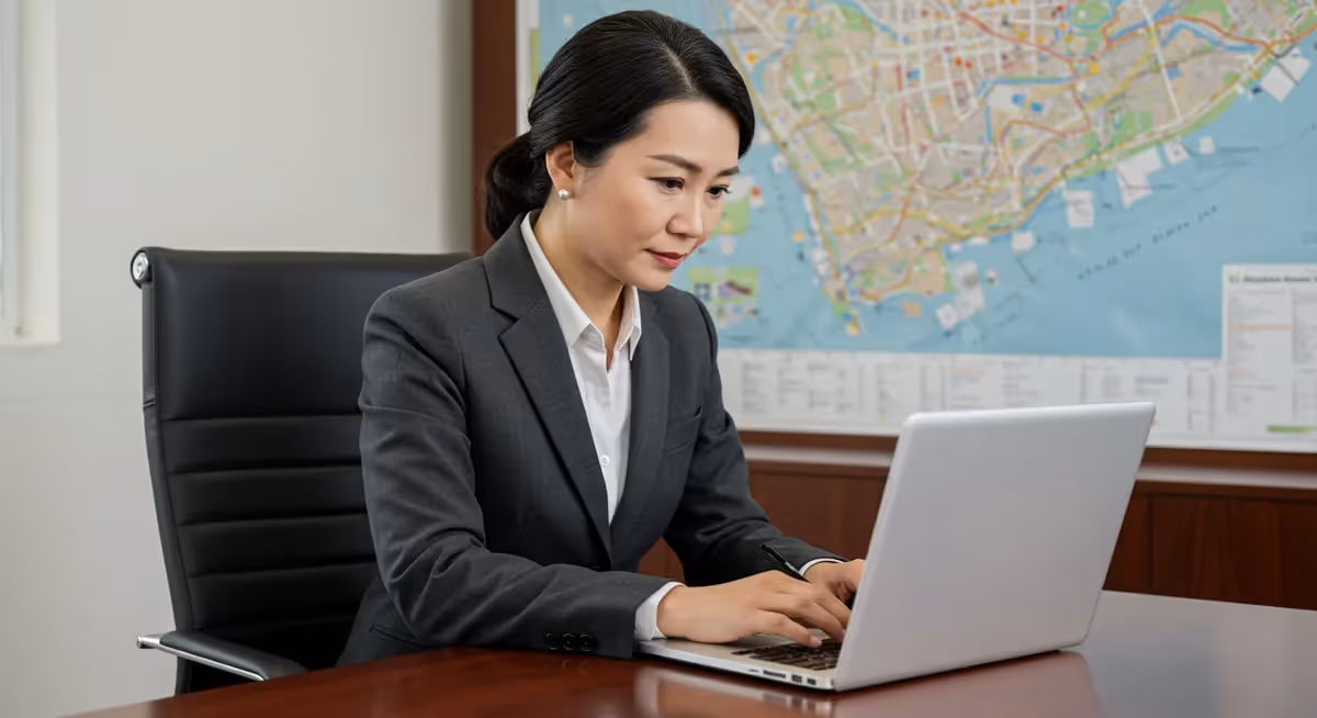 Executiva trabalha em laptop com mapa urbano ao fundo