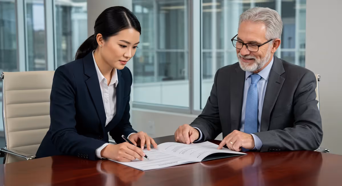 Empresária assinando contrato ao lado de executivo sênior.
