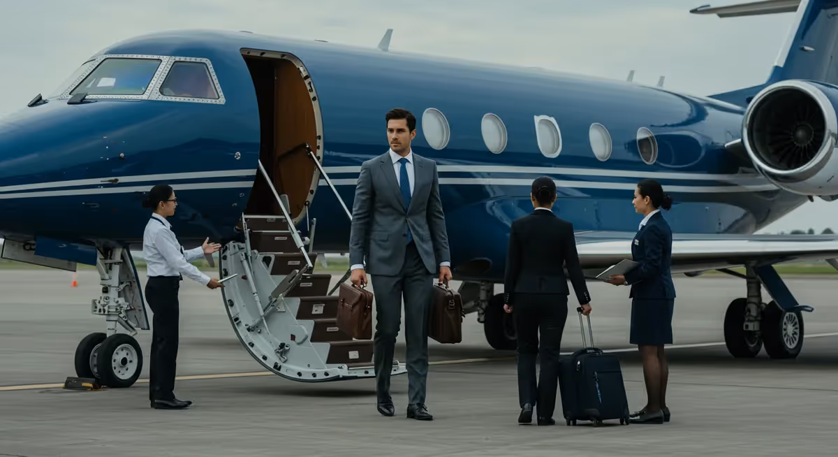 Homem de terno desembarca de jato particular com equipe