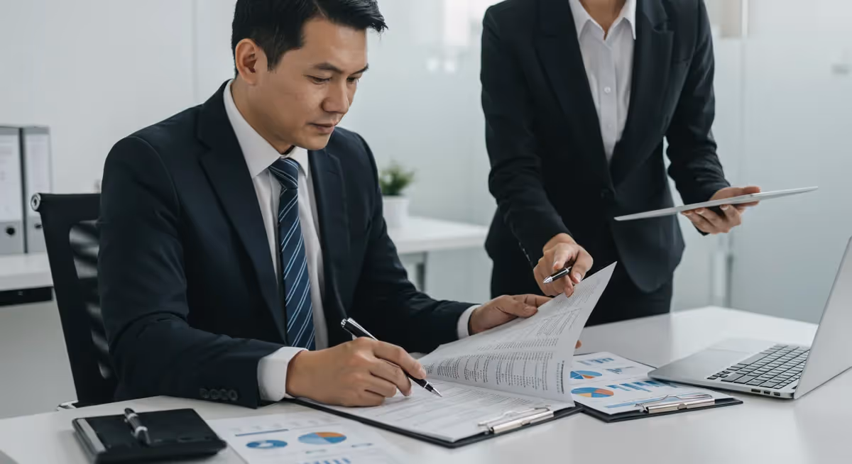 Executivo revisa relatórios financeiros com apoio de colega