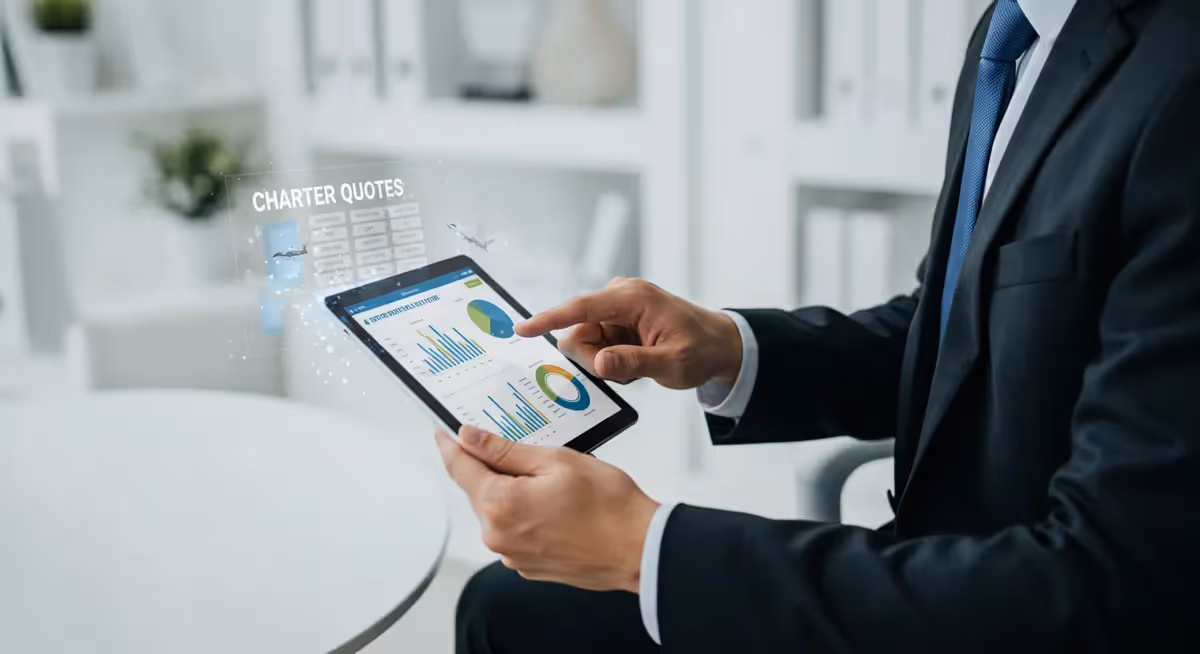 Executivo analisa gráficos financeiros em tablet interativo