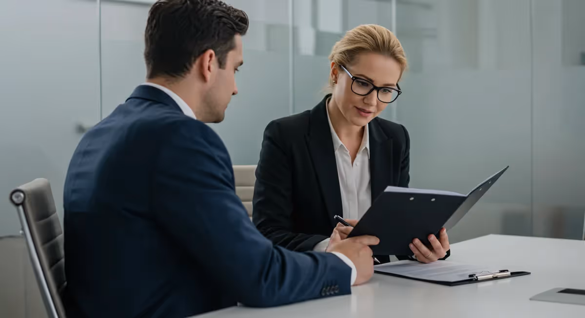 Executivos analisando contrato durante reunião de negócios
