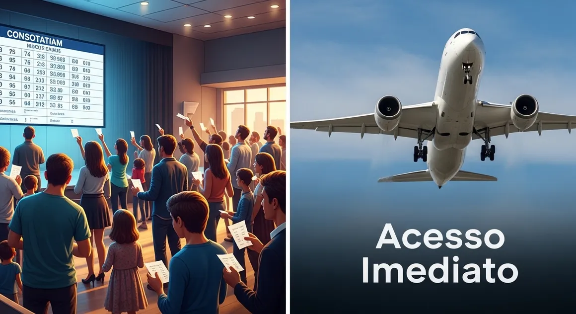 Pessoas participam de sorteio enquanto avião decola