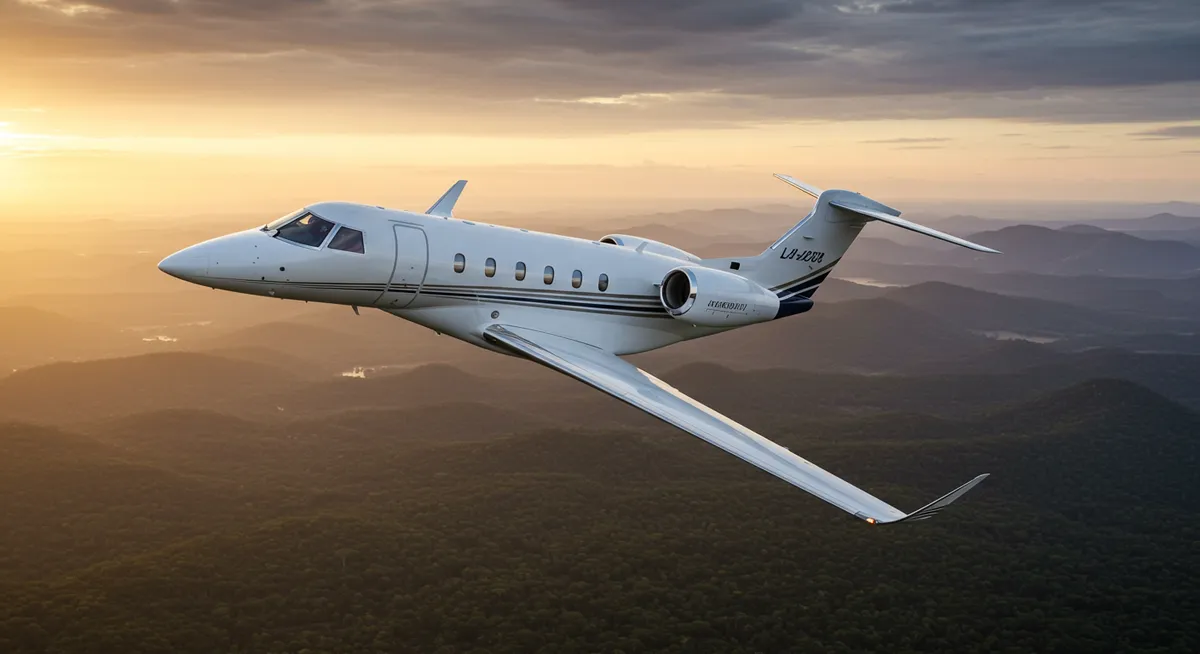 Jato executivo branco sobrevoa montanhas ao pôr do sol.