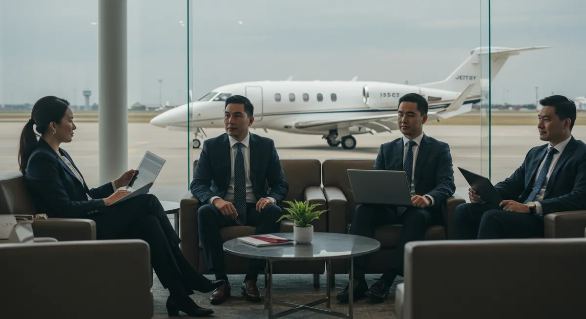 Executivos reúnem-se em sala VIP com jato particular ao fundo.