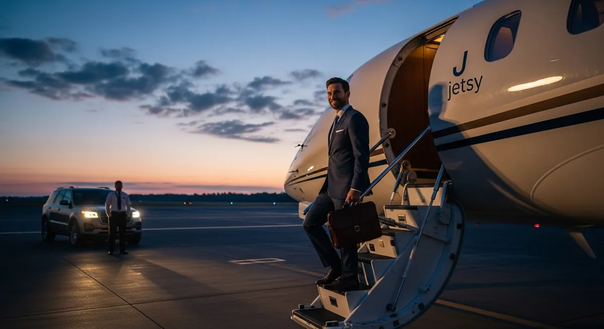 Executivo elegante desembarca de jato particular ao entardecer.