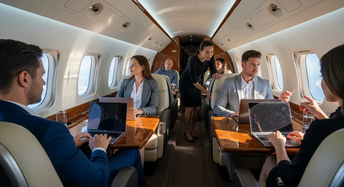 Profissionais trabalham em laptops dentro de jato particular executivo.